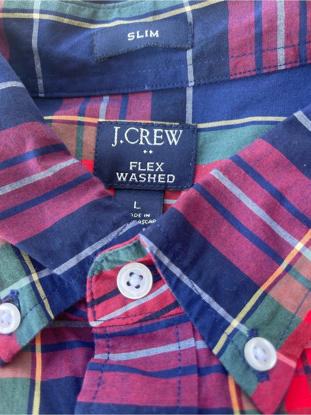 J. Crew Men's Button-Down Plaid Shirt - Navy, Red & Green Slim Fit Size Large
